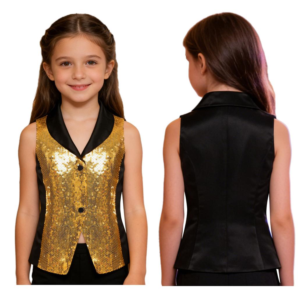 Třpytivá pódiová vesta pro dívky: Saténová vesta s kontrastními barvami, klopovým výstřihem a patentkami, Nezbytnost pro taneční kostým