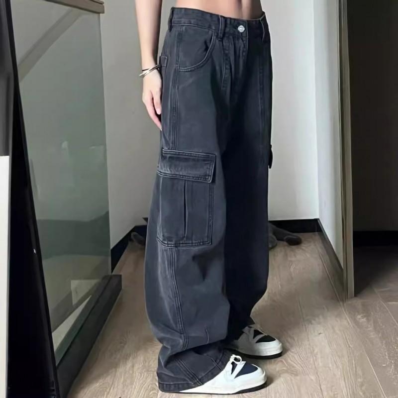 Womens Relaxed Fit Distressed Denim Cargo Pants High Waist Straight Leg Streetwear Trousers