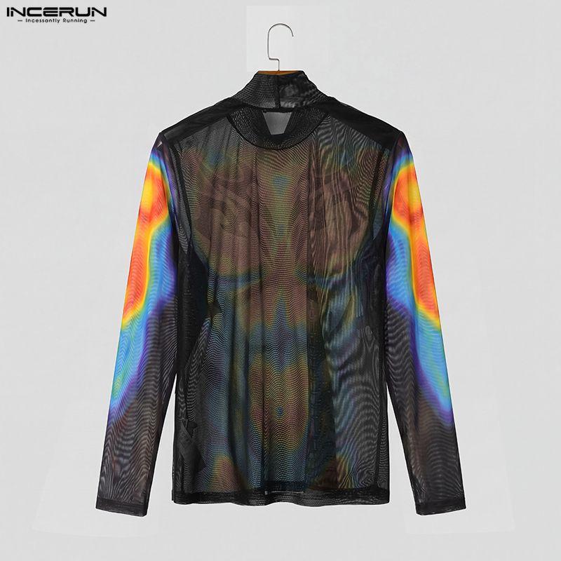 INCERUN Men Long Sleeve Mesh Sheer See Through Print Party Fitted T-shirts Tops