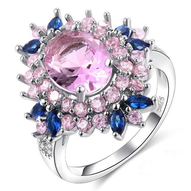 925 Sterling Silver Ring Women Gift AAA Multi Color Zircon Jewelry Blue Pave Flower Wedding Silver Rings Gift