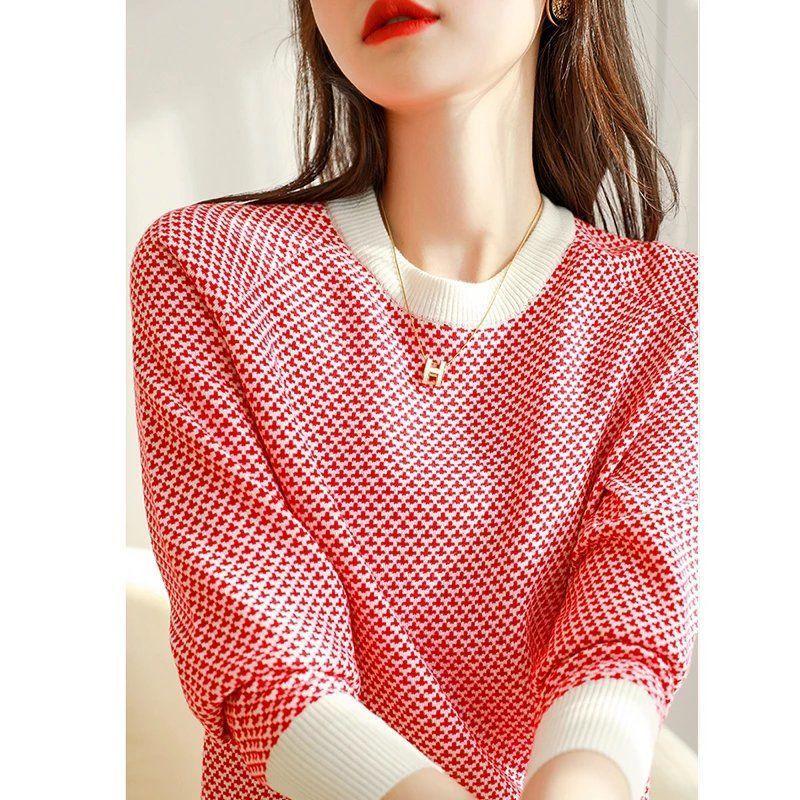 Fashion High-class Sense of Thousand Birds Check Women's Jumper Autumn and Winter Jacquard Knitted Bottoming Shirt Loose Tops