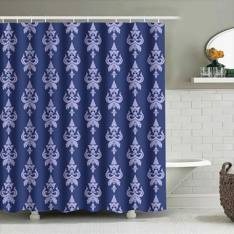 Blue Damask Shower Curtain Set Bathroom Decor Waterproof Fabric 2