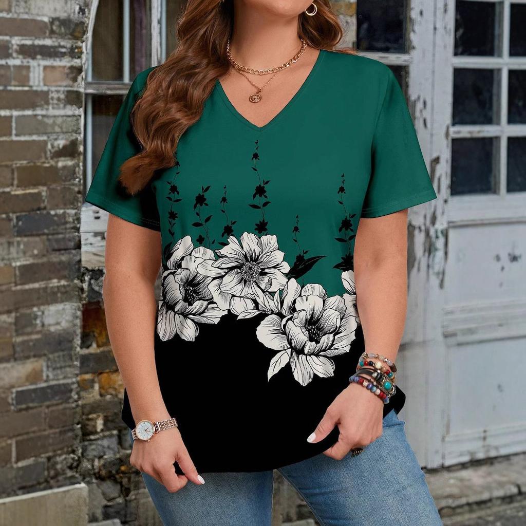 Summer V-neck Flower Pattern 3D Printed Top Fashionable Casual Short Sleeved Women's T-shirts