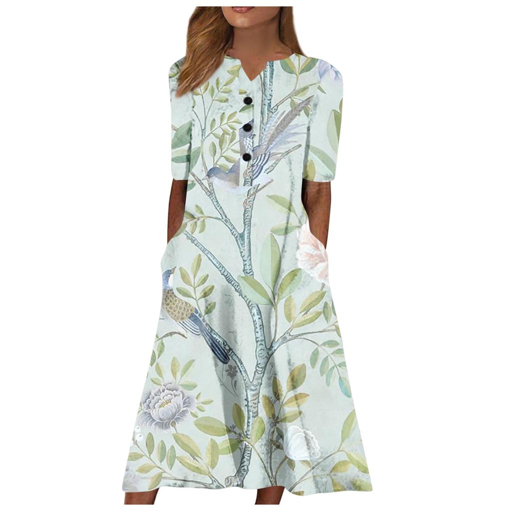Women's Summer Casual Printing Fashion V-neck Short Sleeved Beach Swing Skirt