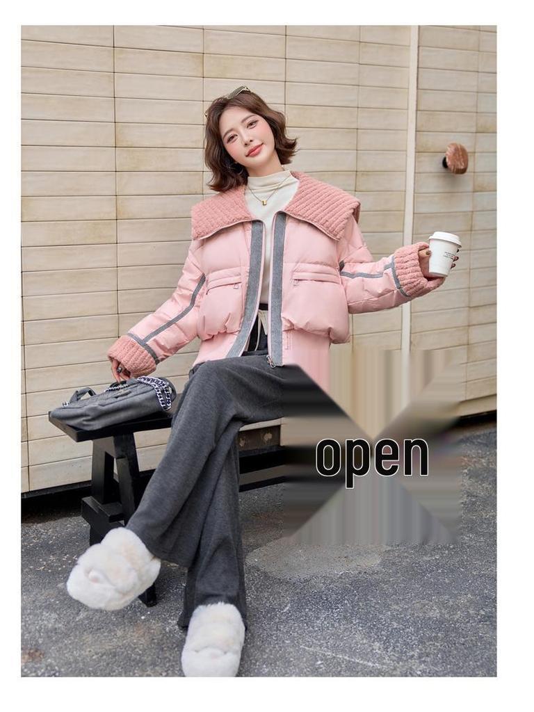 YJ6838 Women's Winter Down Jacket: Versatile Spliced Denim Lapel with Particle Fleece and 90% White Duck Down