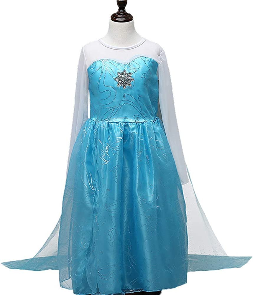Princess Elsa Dress Costume for Luxury Ice Blue Heart Magic Braided [EKALA] Kids, 8-Piece Set, (Princess Dress, Tiara, Wand, Gloves, Necklace, Ring,