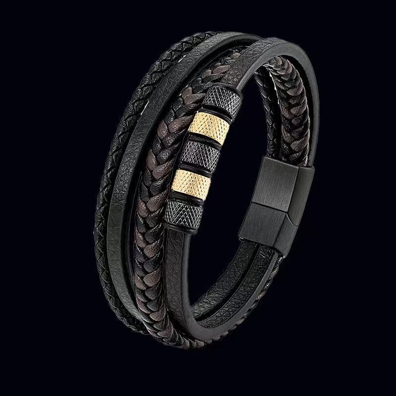 Men's Handmade Black Cowhide Leather and Titanium Steel Multi-layer Bracelet
