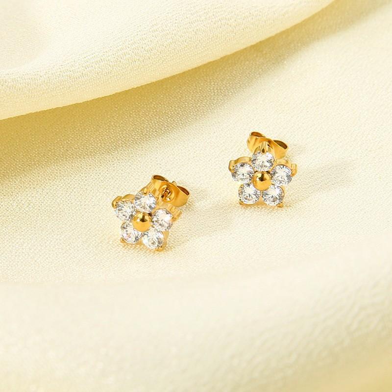 European and American Exquisite Sweet Pink White Purple Zircon Inlaid Flower Stud Earrings Plated with 18k Gold Stainless Steel Diamond Mini Earrings