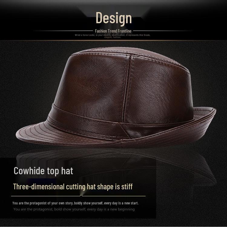 Herren Fedora Hut aus echtem Rindsleder, Herbst/Winter, Britischer Gentleman-Stil für mittlere und ältere Jahre