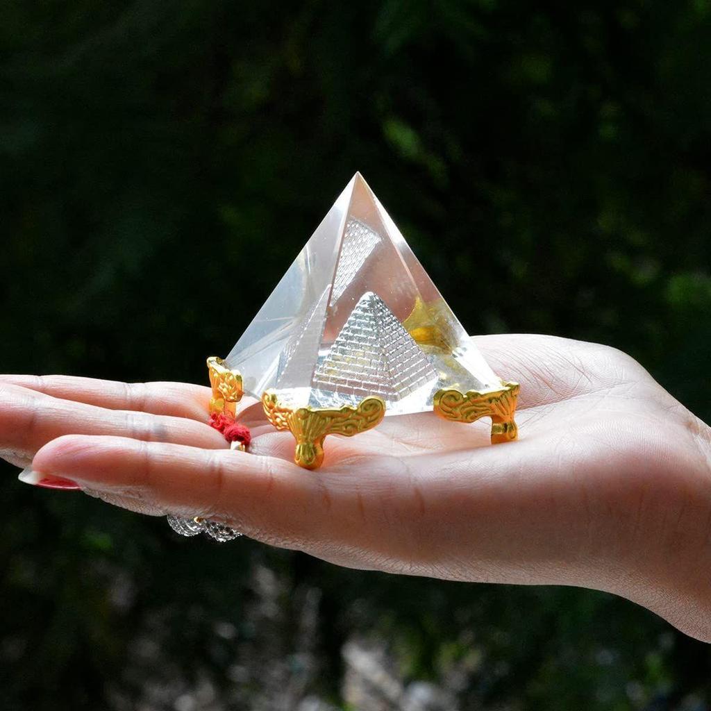 KIRINVEDA Feng Shui Glass Crystal Pyramid with Stand Amethyst Energy Generator Decorative Showpiece for Positive Energy