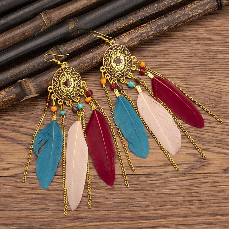 Bohemian Long Tassel Feather Earrings - Trendy Douyin-Inspired Design for Women