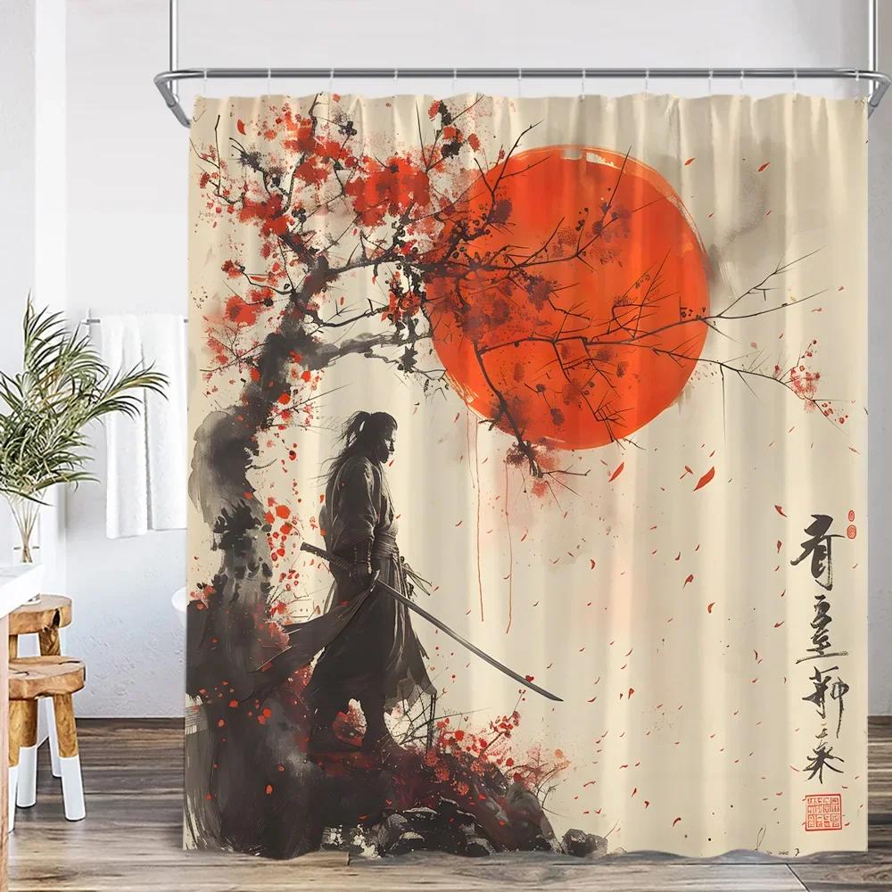 

Японская самурайская шторка для душа красная полная луна цветущая сакура декоративная полиэстеровая шторка для ванны с крючками 120x180см W120xH180cm