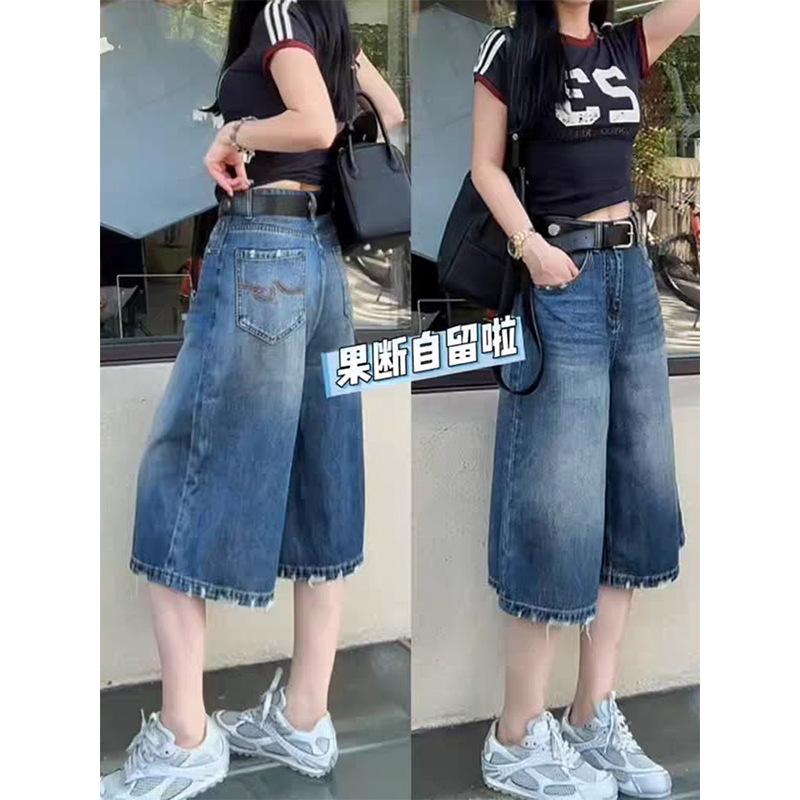 Women s High Waist Wide Leg Jeans Loose Urban Straight Leg Capris Summer Washed Plus Size Denim Shorts S