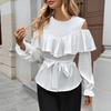 Autumn New Elegant Long-sleeved Ruffled Off-the-shoulder Tie Round-neck Shirt for Women