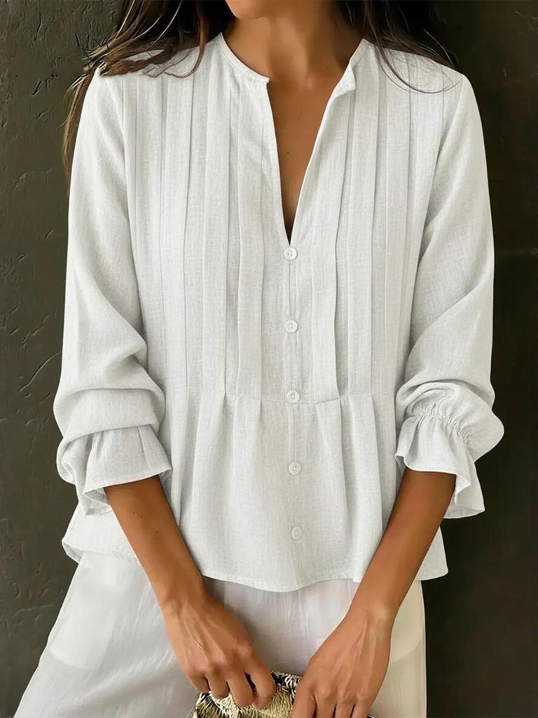 2026 Spring/Summer Women's V-neck Long Sleeve Striped Cotton-Linen Shirt