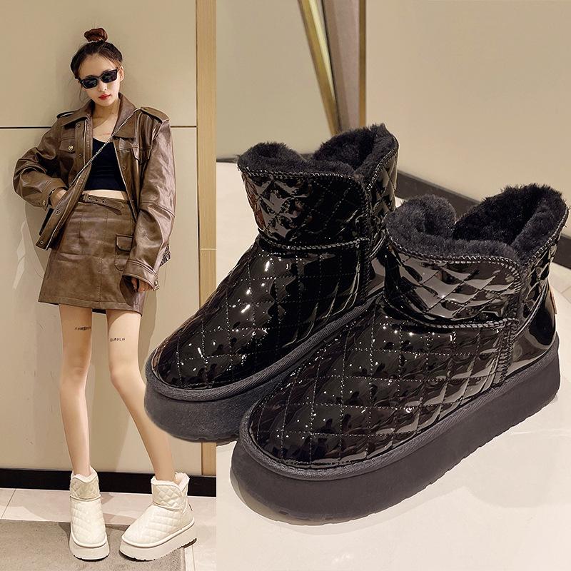 Botas de neve femininas novos sapatos de algodão de veludo de inverno botas curtas de couro femininas botas de algodão de neve femininas