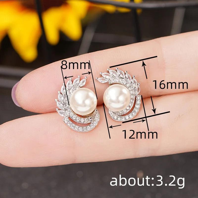 White Pearl Shiny Zirconia Wing Stud Earrings for Women Wedding Accessories for Engagement Elegant Sterling Silver