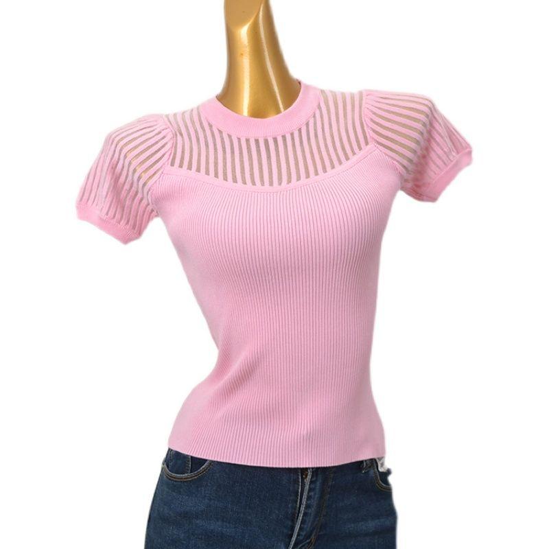 Perspective Texture Bubble Sleeve Pullover Tops Summer Short Sleeve Silm Stretch Knitting T-shirt