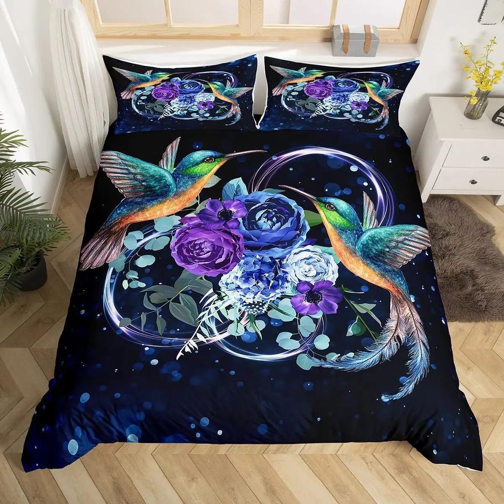 Kolibri-Druck Bettbezug-Set Dreiteiliges Vogel-Blumen-Bettwäscheset Bettdeckenbezug Doppelbettgröße