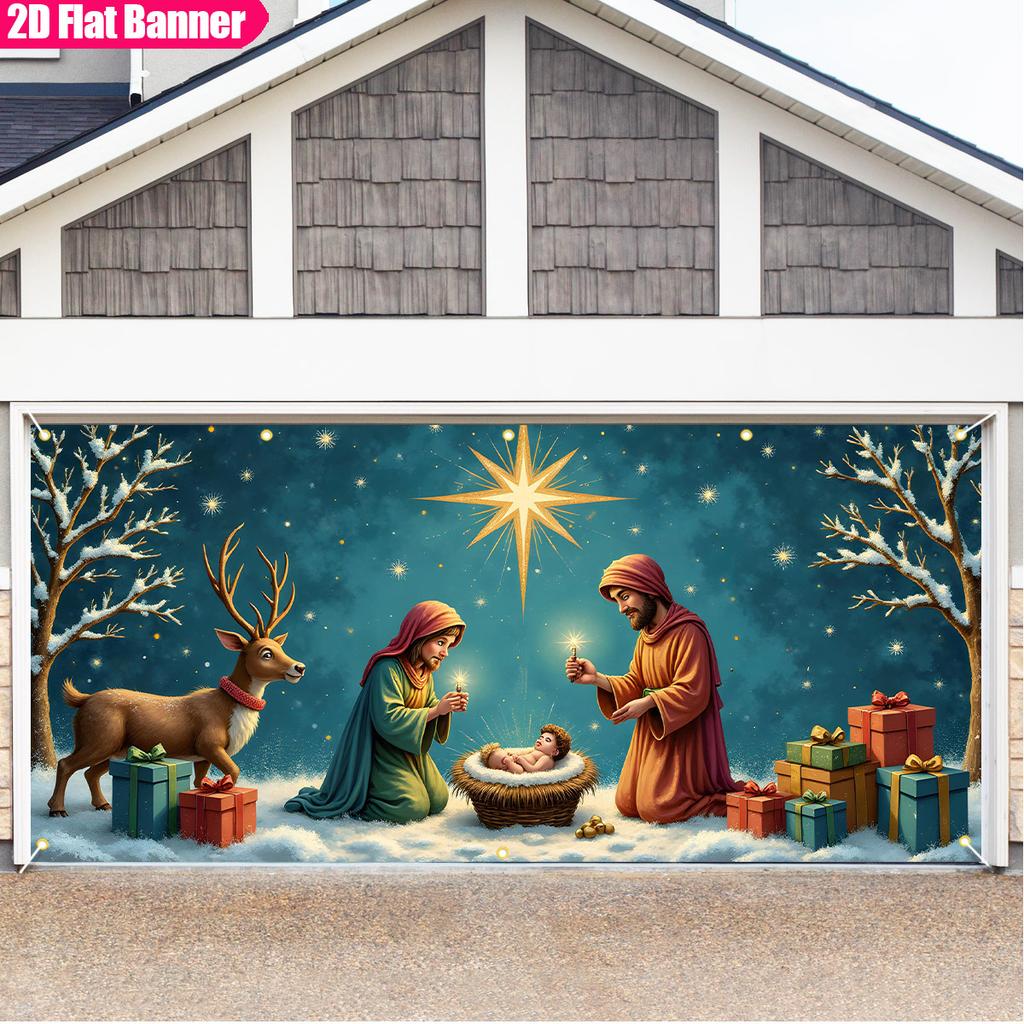 2D door curtain, 1 piece, ASOONYUM large Christmas horse trough scene banner, including Mary, Joseph, Jesus, reindeer, a