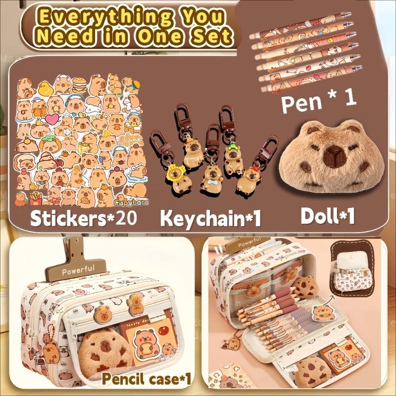 24Pcs capybara canvas pencil case, with doll & stickers, large layered school stationery pouch