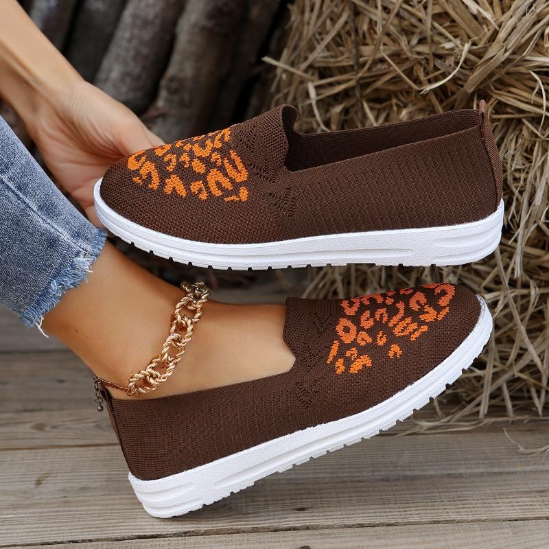 Round Head Low Heel Fly-woven Mesh Single Shoes Women's Breathable Color Matching Leopard Print Flat-bottomed Footwear