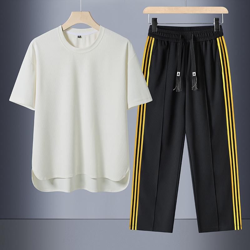 

Летний мужской спортивно-повседневный комплект Корейская версия Свободный круглый вырез Дышащий Быстросохнущий Спортивный комплект из двух предметов XXL