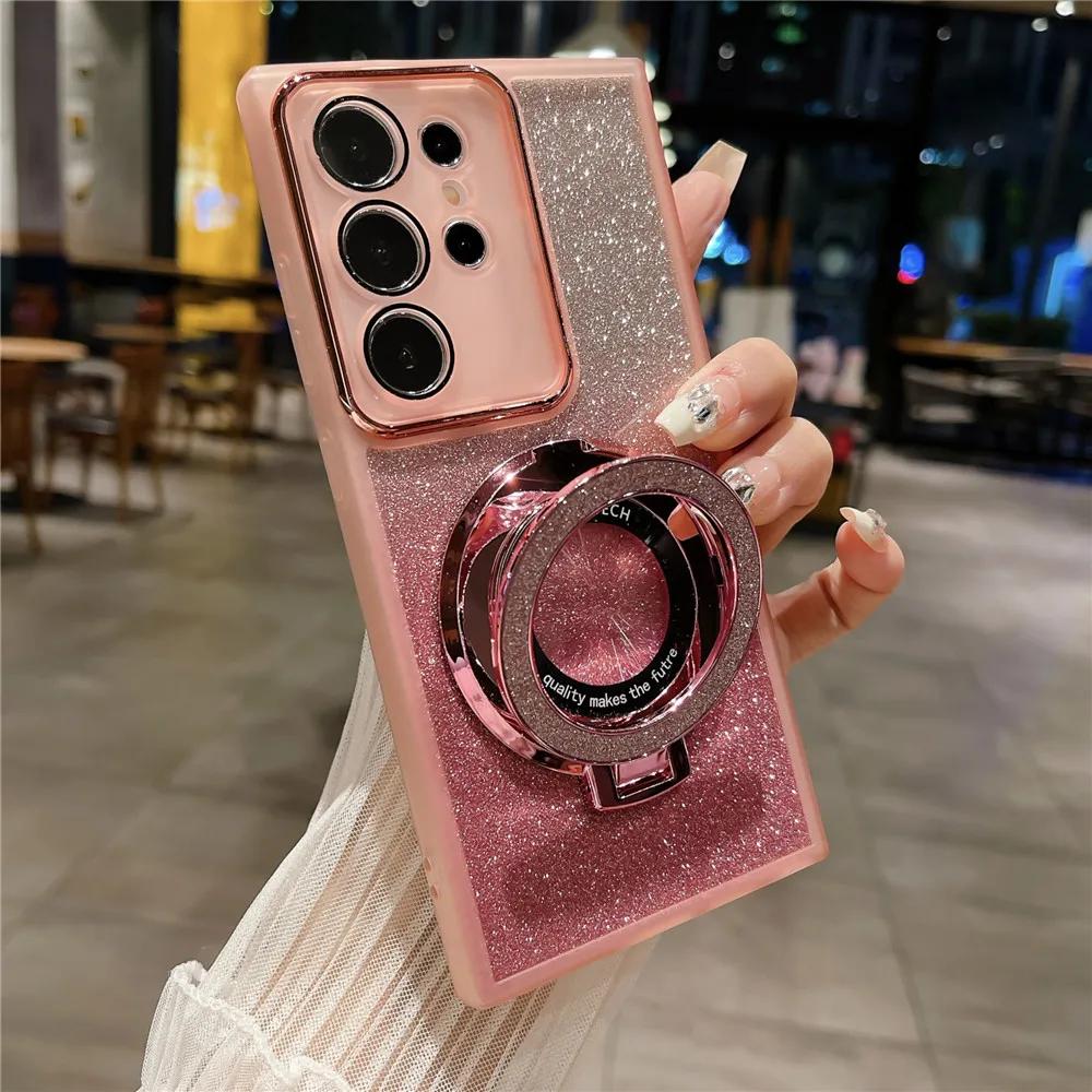 Glitter Magnetic Holder Silicone Case for Samsung S24 S23 S22 S21 Ultra Plus FE A53 A14 A54 A15 A55 iPhone 16 15 14 13 12 11 Pro Max Plus XSMAX XR 8 7