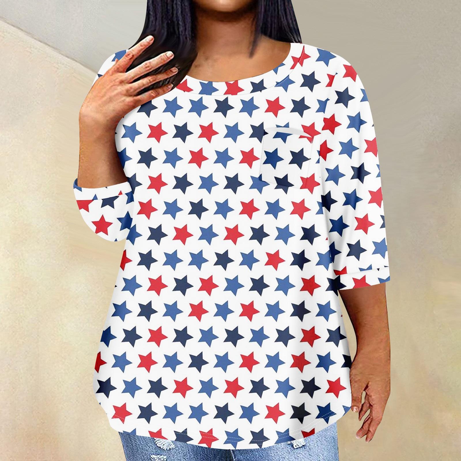 

Жіноча модна повсякденна футболка з принтом і круглим вирізом до Дня незалежності з рукавом три чверті XL білий