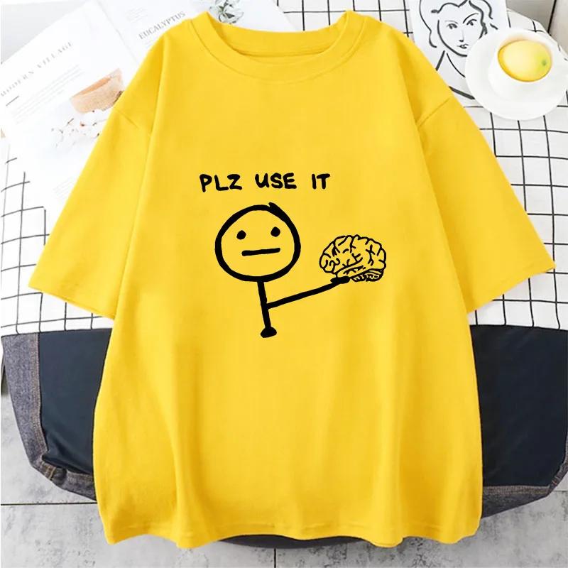 Neues Herren Freizeit Grafik T-Shirt "Bitte benutzen" Cartoon Gehirn Design Kurzarm Rundhals Lockerer Schnitt für Sommer Herren Damen T-Shirts