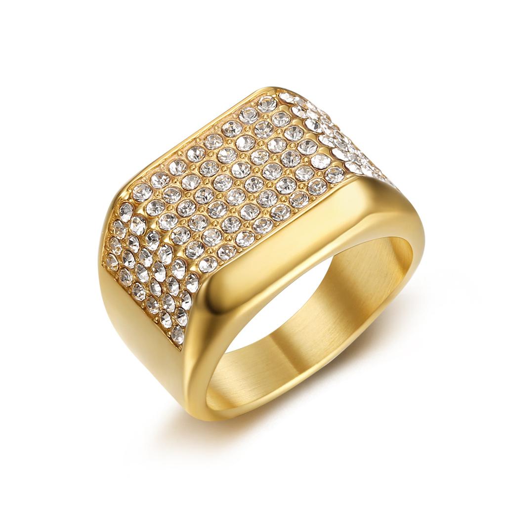 Trendy Nightclub Hip Hop Ring Stainless Steel Gold Plated Full Diamond Men's Ring