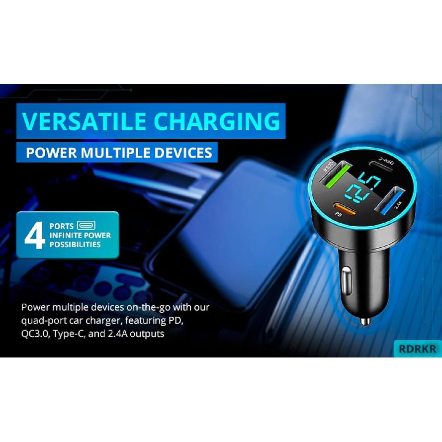 66W Car Charger - 4-Port USB Charger, 2 * USB 2.4A + PD + Type C Cigarette Lighter Adapter, Voltage Meter Compatible with Samsung, iPhone and Other