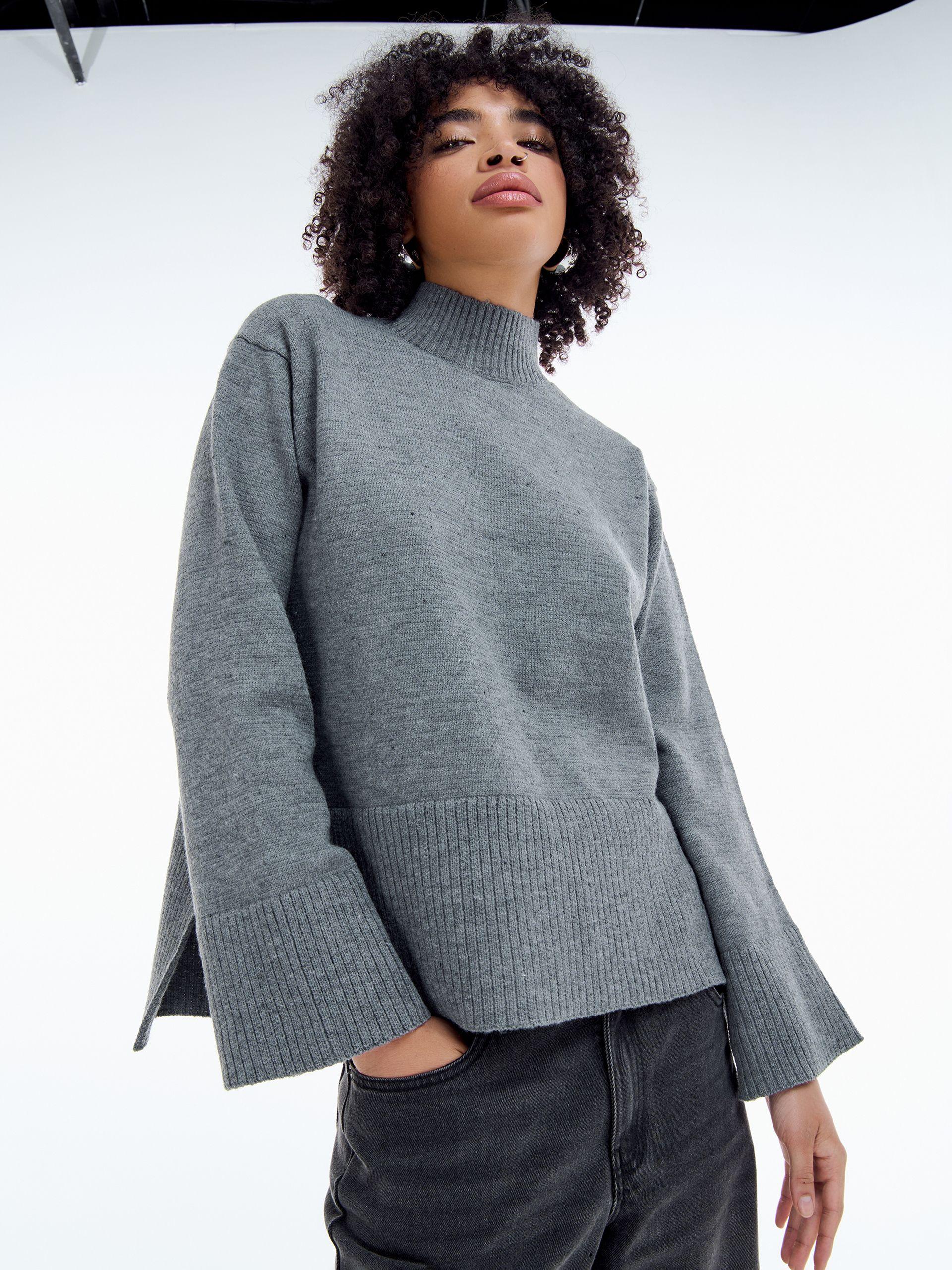 Women s High Neck Knit Sweater Long Sleeve Pullover Ribbed Hem Side Slit Casual Loose Fit Soft Fabric one size