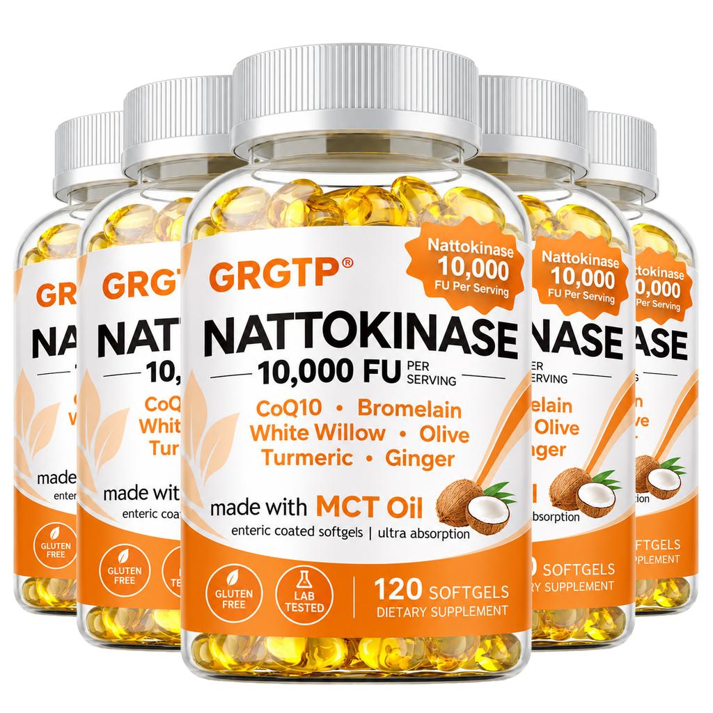 Plant-Derived Enzyme Complex Capsules, Nattokinase 10,000 FU, Coenzyme Q10, Bromelain, Olive & Turmeric Blend, Nutritional Supplement