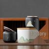 Hand-painted Black Ceramic Tea Caddy with Distant Mountain Design - Small, Simple, Sealed for Freshness