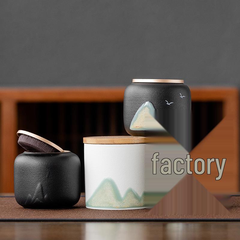 Hand-painted Black Ceramic Tea Caddy with Distant Mountain Design - Small, Simple, Sealed for Freshness