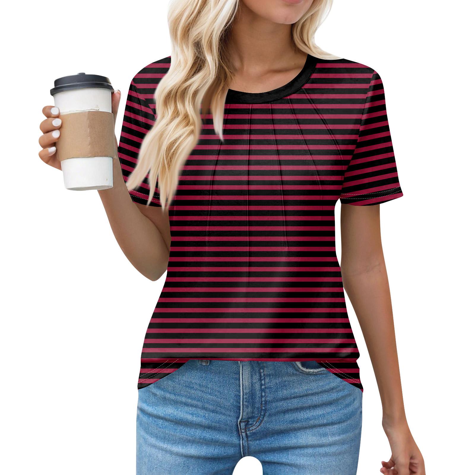 

Футболки для женщин, плиссированные, с круглым вырезом, нарядные, повседневные, блузки с принтом, с коротким рукавом, летние топы, свободный крой XL винный