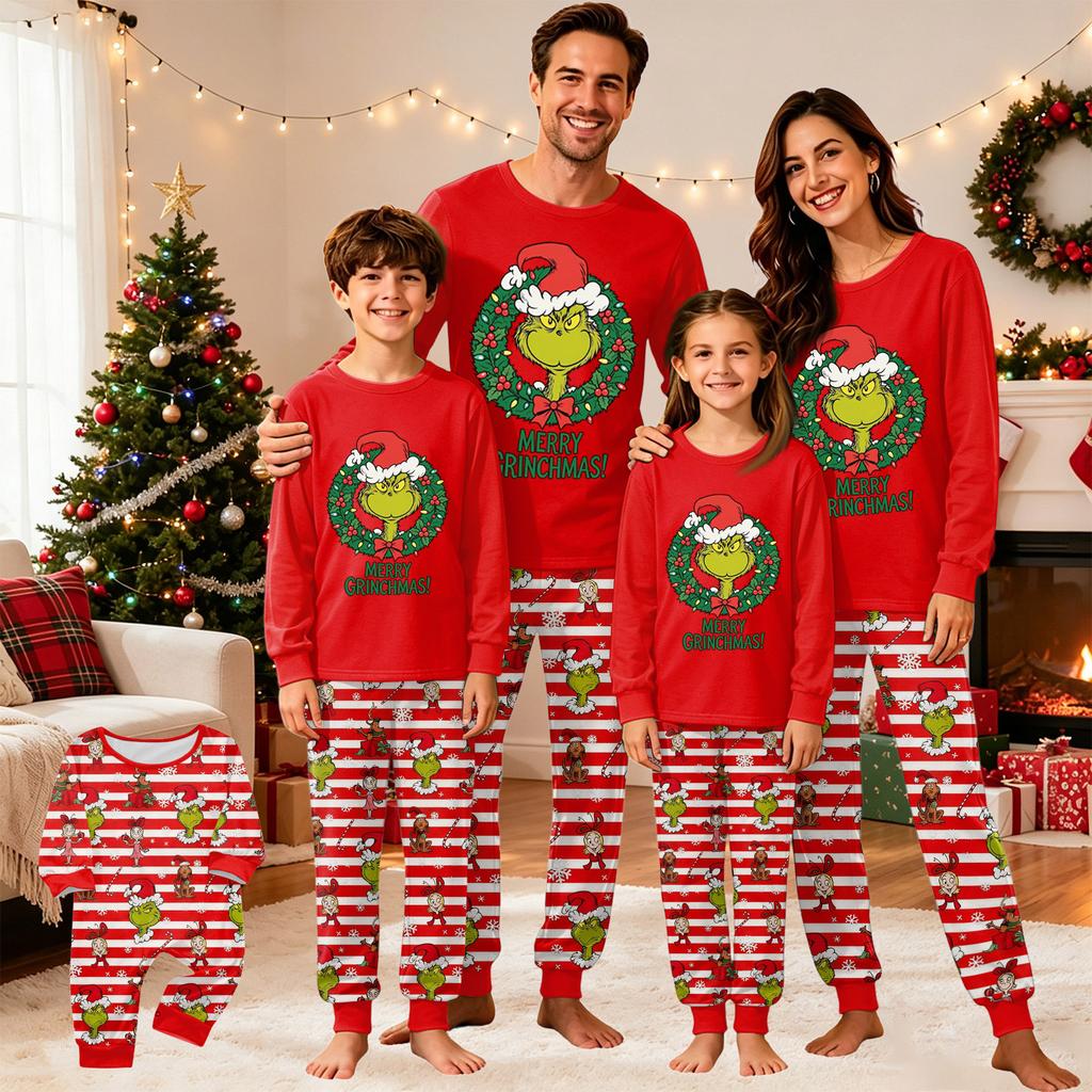 Matching Family Christmas Print Pajama Set with Round Neck, Long Sleeve & Long Pants for Kids and Adults