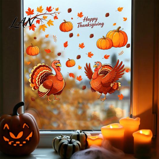Thanksgiving Glass Clings Static Window Clings, Cartoon Double Turkey Pumpkin Maple Leaf No?Glue Creative Gifts Decals, Waterproof Stickers for Home