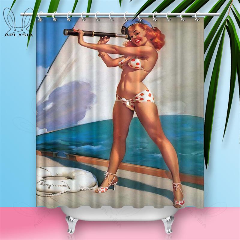 Custom Sexy Girl Hot Breast Shower Curtains European Retro Woman Skirt Dress Daily Waterproof Polyester Fabric Bathroom Curtain