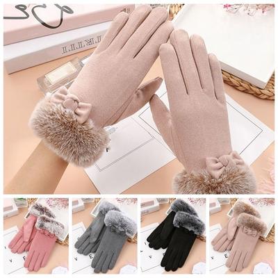 Solid Color Winter Velvet Gloves  Women Mittens Lovely Bow Plush Gloves  Male