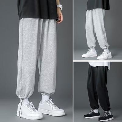Men Spring Fall Pants Drawstring Hem Elastic Waist Straight Wide Leg Straight Plus Size Slacks Solid Color Loose Street Style Sport Trousers