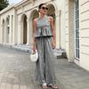Damen Trägertop Hose Zweiteiliges Set Sommer Kariert Ärmellos Rüschen T-Shirt Weite Hosen Locker Lässig O-Ausschnitt Hemd Elastische Taille Hosen
