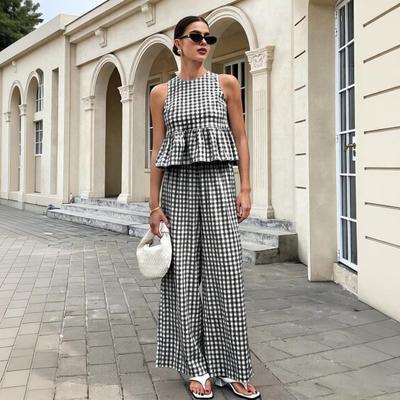 Set Două Piese pentru Femei: Maiou și Pantaloni de Vară, Carouri, Fără Mâneci, Bluza cu Volane, Pantaloni cu Picioare Largi, Croială Largă, Casual, Tricou cu Gât Rotund, Pantaloni cu Talie Elastică