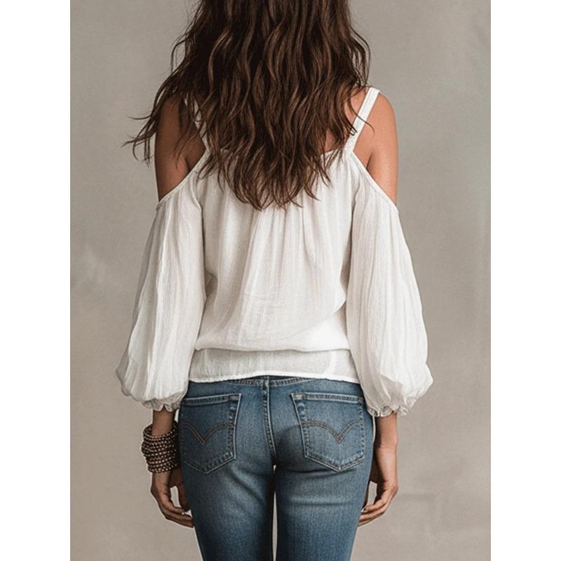 Camicia Casual da Donna a Maniche Lunghe a Bolla, Scollo a V, Colore Unito, per Vacanze