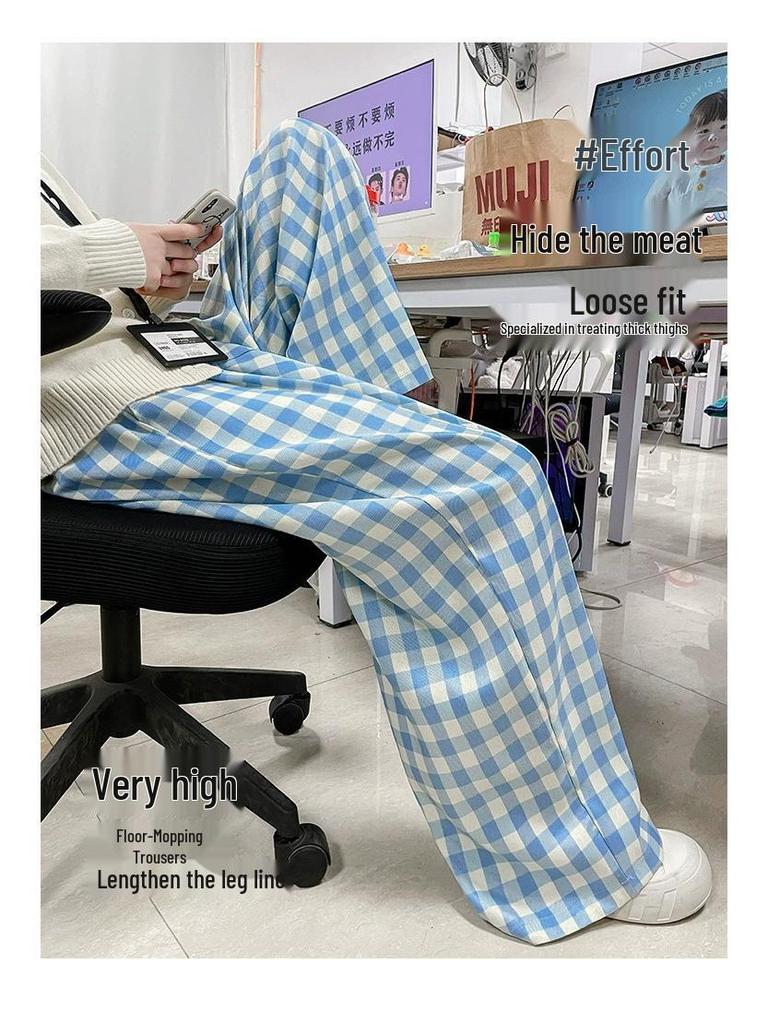 Petite Blue & White Checkered High Waist Summer Pants - Women's Casual Straight Leg Stroll Style