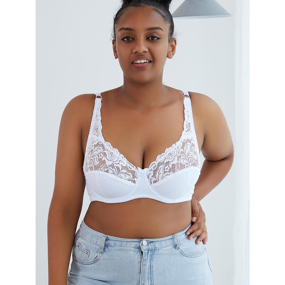 

Ультратонкие бюстгальтеры больших размеров для женщин, однотонный сексуальный кружевной дышащий бюстгальтер с вырезами 100D белый