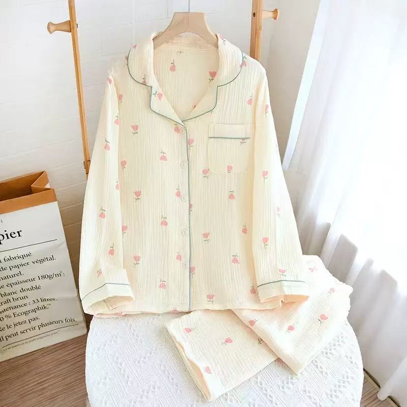 Herbst Damen Reiner Baumwollgaze Langarm Dünner Krepp Sommer Süß Locker Pyjama Loungewear Zweiteiliges Set