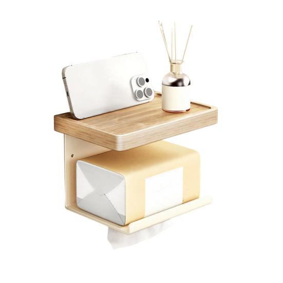 Wall Storage Rack Strong Load-Bearing Wall-Mounted Organizer with Rounded Paper Outlet Smooth Pull-Out Multifunctional Wood Metal Bathroom Shelf