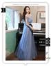 Blue evening dress 1011 summer new simple one-word shoulder elegant performance student art exam host dress